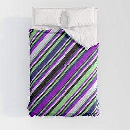 [ Thumbnail: Vibrant Dark Violet, Lavender, Black, Light Green & Midnight Blue Colored Lines Pattern Comforter ]