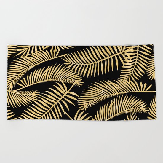 Palm Leaf Pattern Gold And Black Beach Towel