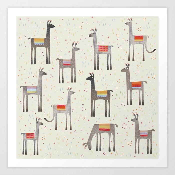 Llamas in the Meadow Art Print | Painting, Digital, Illustration, Pattern, Llama, Alpaca, Vicuna, Animal, Character, Illustration