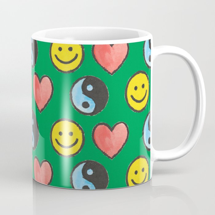 Hand-painted Y2K Symbols \\ Smiley | Heart | Yin Yang \\ Green BG Coffee Mug