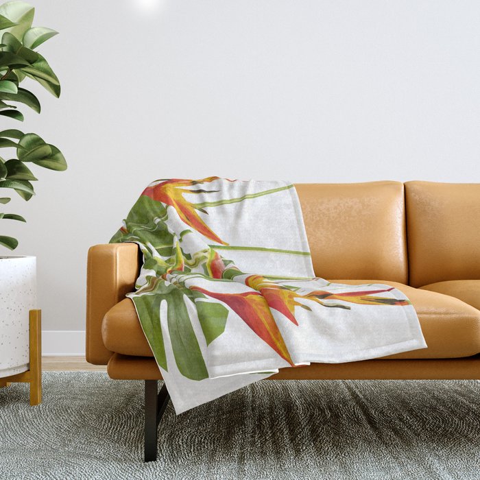 Tropical Flowers Helikonias and Monstera white Throw Blanket