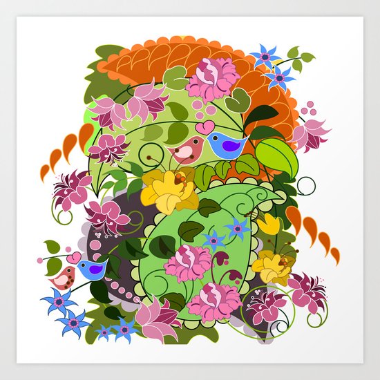 Retro Paisley shapes, damask flowers & Love birds Art Print