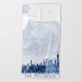 San Francisco Skyline & Map Watercolor Navy Blue, Print by Zouzounio Art Beach Towel