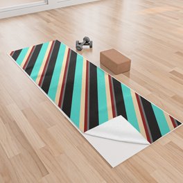 [ Thumbnail: Colorful Dim Gray, Maroon, Tan, Turquoise & Black Colored Stripes/Lines Pattern Yoga Towel ]