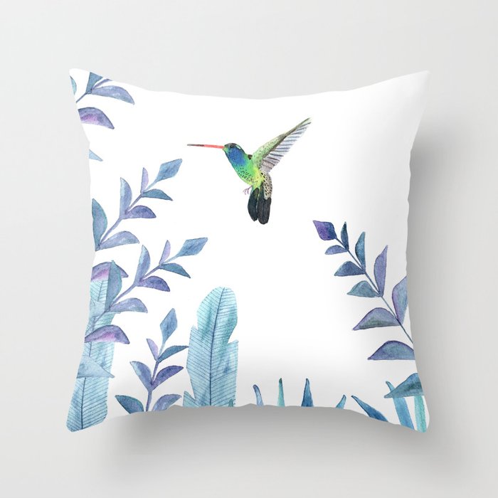 Hummingbird with tropical foliage Throw Pillow