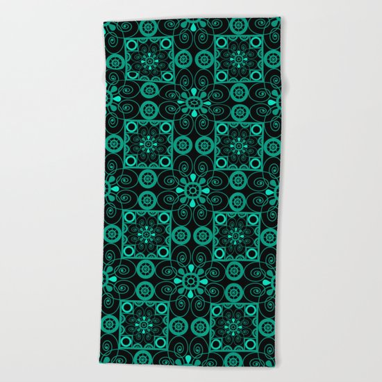 Retro . Black turquoise ornament . Beach Towel