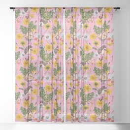 Dandelion Flowers with hedgehogs - pink Sheer Curtain