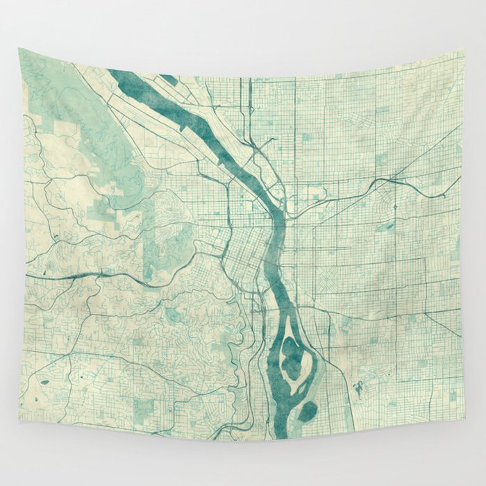 Portland Map Blue Vintage Wall Tapestry by City Art Posters  Society6