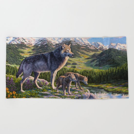 Mother Gray Wolf and Pups River Valley Beach Towel