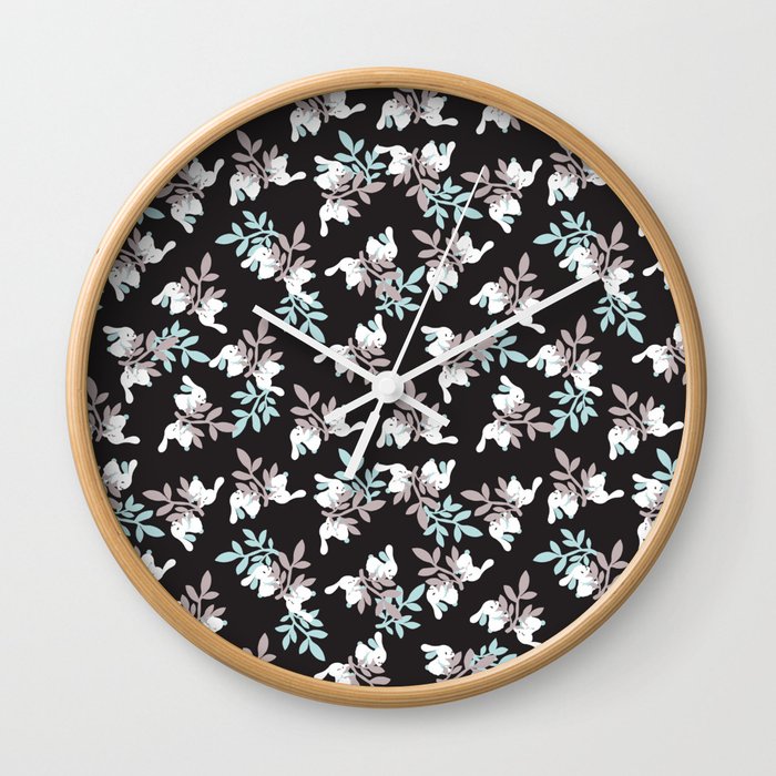 Happy Bunny Typography and Rabbit Floral Garden Pattern Wall Clock