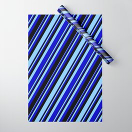 [ Thumbnail: Light Sky Blue, Blue & Black Colored Stripes/Lines Pattern Wrapping Paper ]