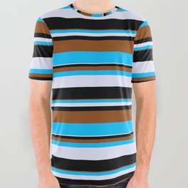 [ Thumbnail: Brown, Deep Sky Blue, Lavender, and Black Colored Pattern of Stripes All Over Graphic Tee ]