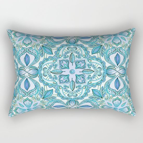 Colored Crayon Floral Pattern in Teal & White Rectangular Pillow