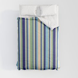 [ Thumbnail: Bisque, Dark Sea Green, Midnight Blue, and Sky Blue Colored Stripes Pattern Comforter ]