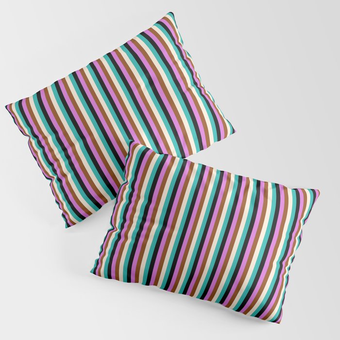 Vibrant Black, Light Sea Green, Beige, Brown, and Orchid Colored Lined/Striped Pattern Pillow Sham