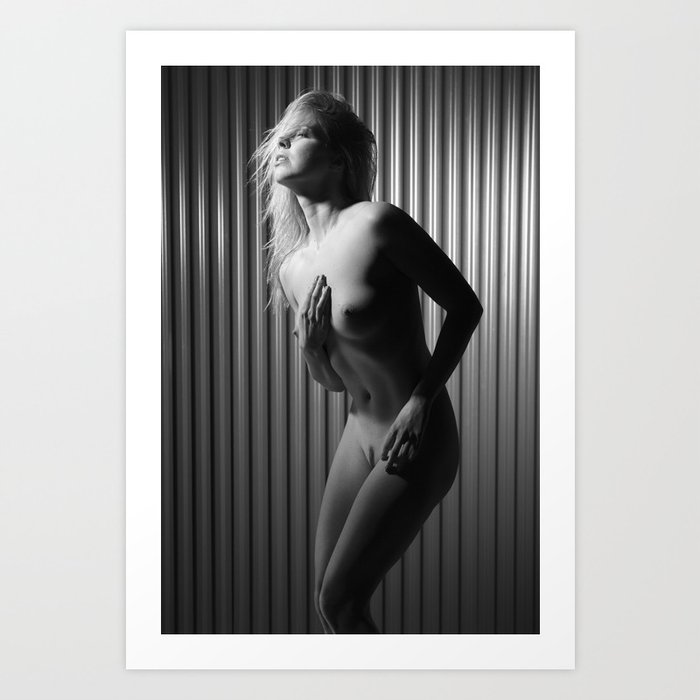 Nude and very beautiful sexy woman posing in front of industrial wall  Art Print
