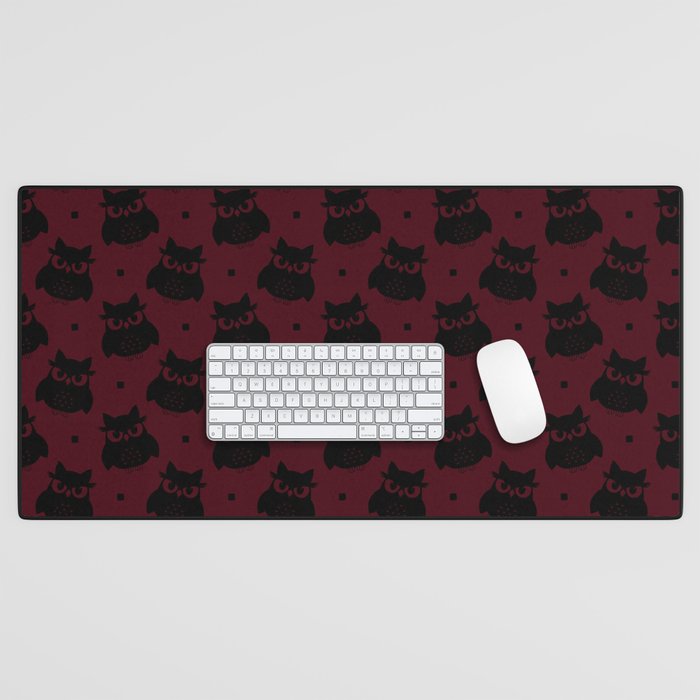 Black Cute Owl Seamless Pattern on Red Wine Background Desk Mat