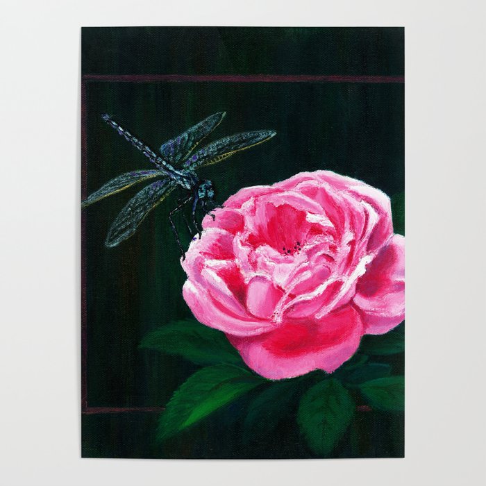 Dragonfly On Pink Rose Acrylic Art Poster