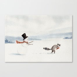 Snowman and Raccoon Canvas Print