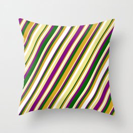 [ Thumbnail: Tan, Purple, Dark Green, Goldenrod, and White Colored Lined/Striped Pattern Throw Pillow ]