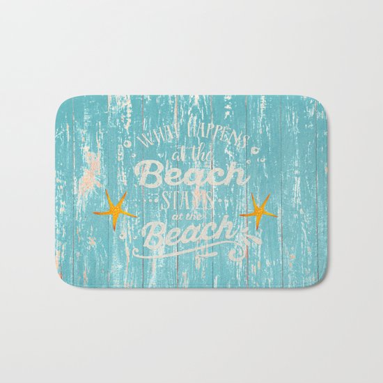 Happy Beach Life- Saying on aqua wood on #Society6 Bath Mat