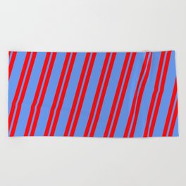 [ Thumbnail: Red and Cornflower Blue Colored Lines Pattern Beach Towel ]