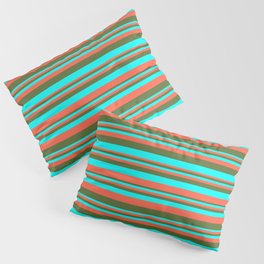 [ Thumbnail: Red, Dark Olive Green & Aqua Colored Lined Pattern Pillow Sham ]