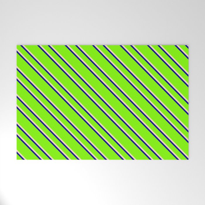 Chartreuse, Bisque & Dark Blue Colored Lined/Striped Pattern Welcome Mat