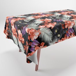 Black Cat Tropical Flowers And Palm Leaves Tablecloth