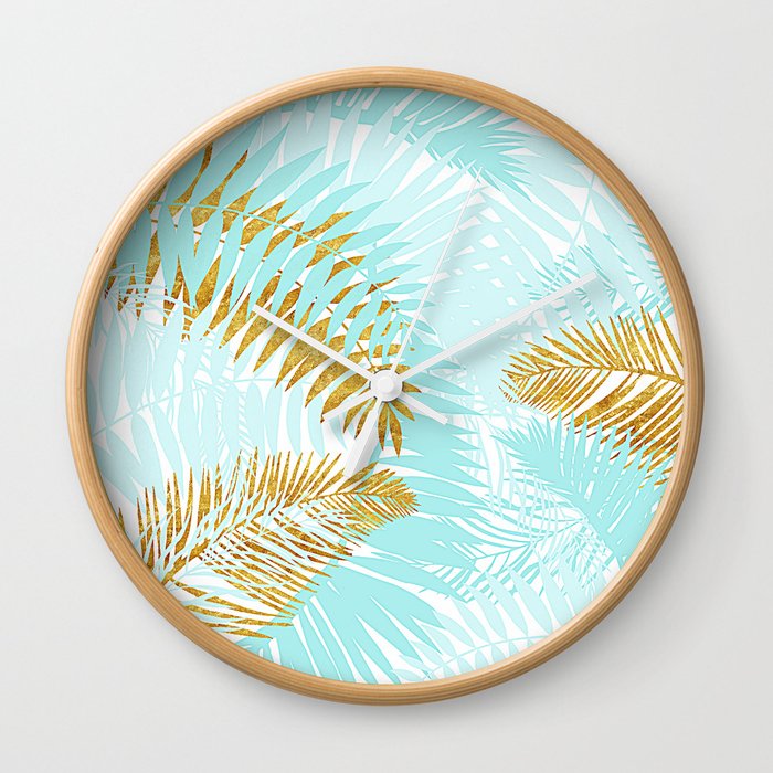 Aloha - Tropical Palm Leaves and Gold Metal Foil Leaf Garden Wall Clock