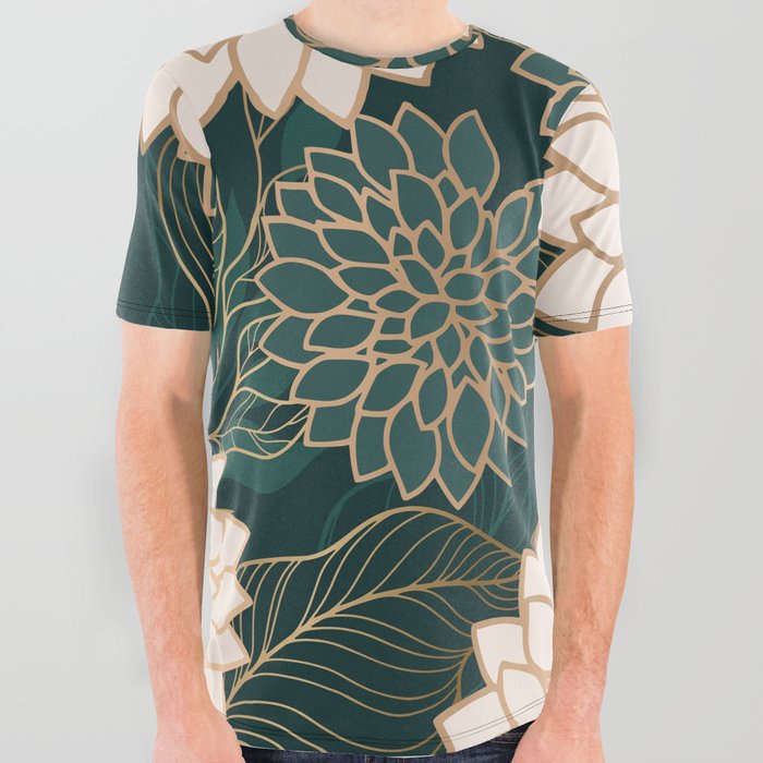 Floral Aesthetic in Dark Teal Green, Ivory and Gold All Over Graphic Tee