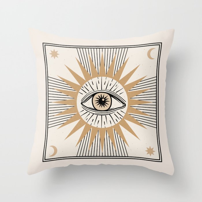 Mystical eye with sun and lines - minimal abstract geometric in black, cream and gold Throw Pillow