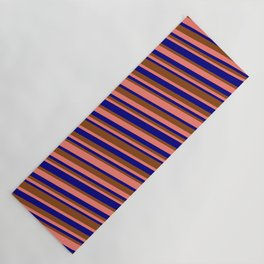 [ Thumbnail: Blue, Brown & Salmon Colored Stripes Pattern Yoga Mat ]