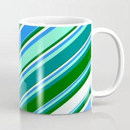 [ Thumbnail: Colorful Blue, Aquamarine, Teal, Dark Green, and Mint Cream Colored Lines/Stripes Pattern Coffee Mug ]