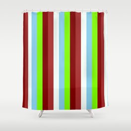 [ Thumbnail: Colorful Brown, Mint Cream, Sky Blue, Green, and Maroon Colored Stripes/Lines Pattern Shower Curtain ]