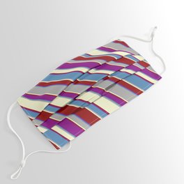 [ Thumbnail: Colorful Purple, Blue, Dark Grey, Light Yellow, and Dark Red Colored Striped/Lined Pattern Face Mask ]