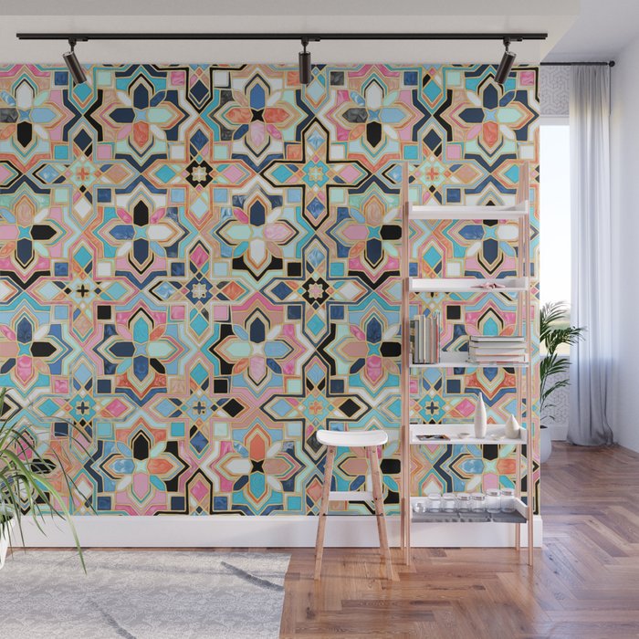 Boho Tilework in Coral Pink and Blue Wall Mural