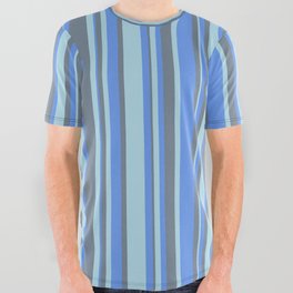 [ Thumbnail: Cornflower Blue, Light Blue, and Slate Gray Colored Striped Pattern All Over Graphic Tee ]