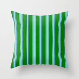 [ Thumbnail: Green and Light Sky Blue Colored Striped Pattern Throw Pillow ]