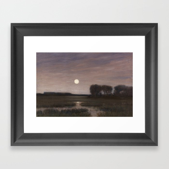 Moonlight Sonata; full moon reflecting atop the salt marshes landscape twilight painting by Hans am Ende Framed Art Print