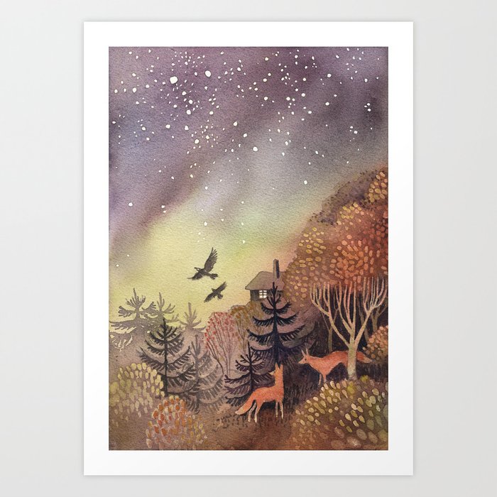 North Sky Art Print | Painting, Watercolor, Fox, Raven, Animals, Northern-lights, Aurora, Aurora-borealis, Nordic, Nature