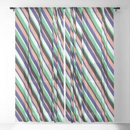[ Thumbnail: Eye-catching Dark Salmon, Midnight Blue, Mint Cream, Sea Green, and Black Colored Pattern of Stripes Sheer Curtain ]