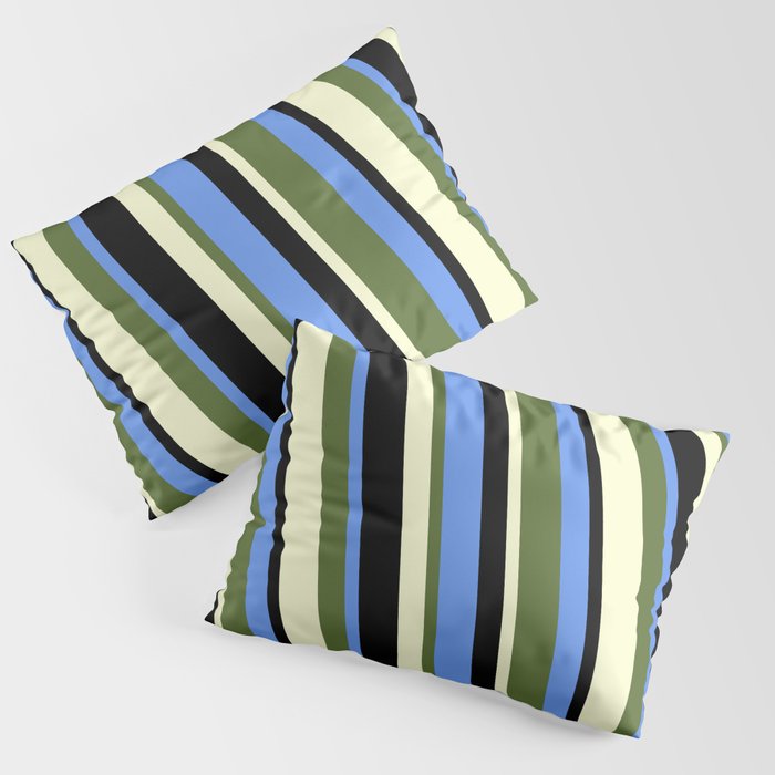 Cornflower Blue, Dark Olive Green, Light Yellow, and Black Colored Lines/Stripes Pattern Pillow Sham
