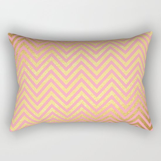 Chevron Herringbone pattern rosegold- gold metal glitter on pink watercolor Rectangular Pillow