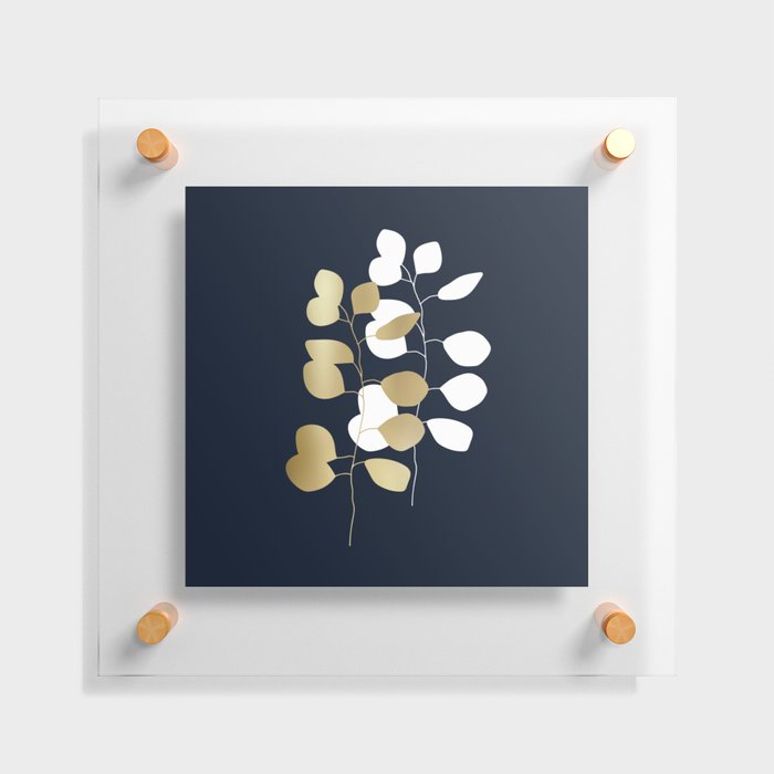 Leaf Duo, Gold and White on Navy Blue Floating Acrylic Print
