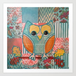 Blue Folk Owl Art Print | Cuteanimal, Owl, Forest, Blue, Whimsical, Hoothoot, Fall, Painting, Nightowl, Animal 