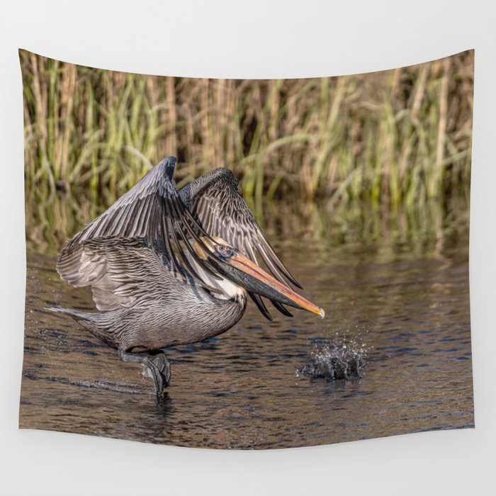 Pelican Taking off on the Bayou Wall Tapestry