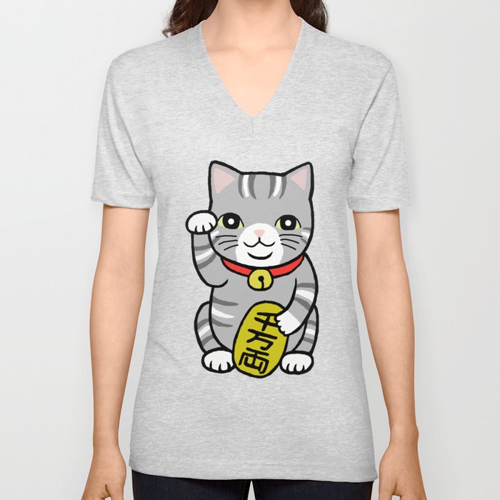 Japanese Good Luck Grey Gray Tabby Cat Maneki Neko  V Neck T Shirt