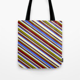 [ Thumbnail: Green, Maroon, Royal Blue, and Beige Colored Stripes/Lines Pattern Tote Bag ]