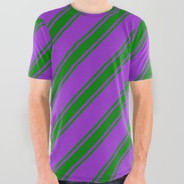 [ Thumbnail: Dark Orchid and Green Colored Striped Pattern All Over Graphic Tee ]